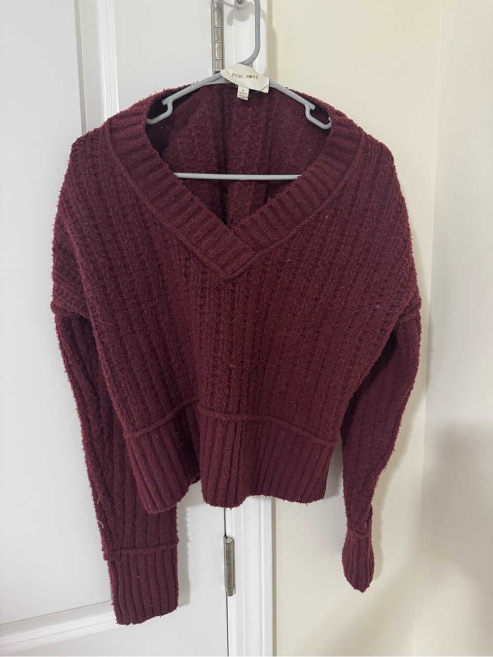 Cozy V-Neck Knit Sweater - Burgundy